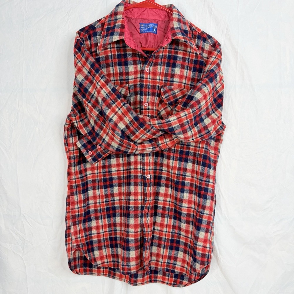 Vintage HW JC Penny 100% Pure Virgin Wool Men's Red Flannel Shirt SZ-L 16/16.5